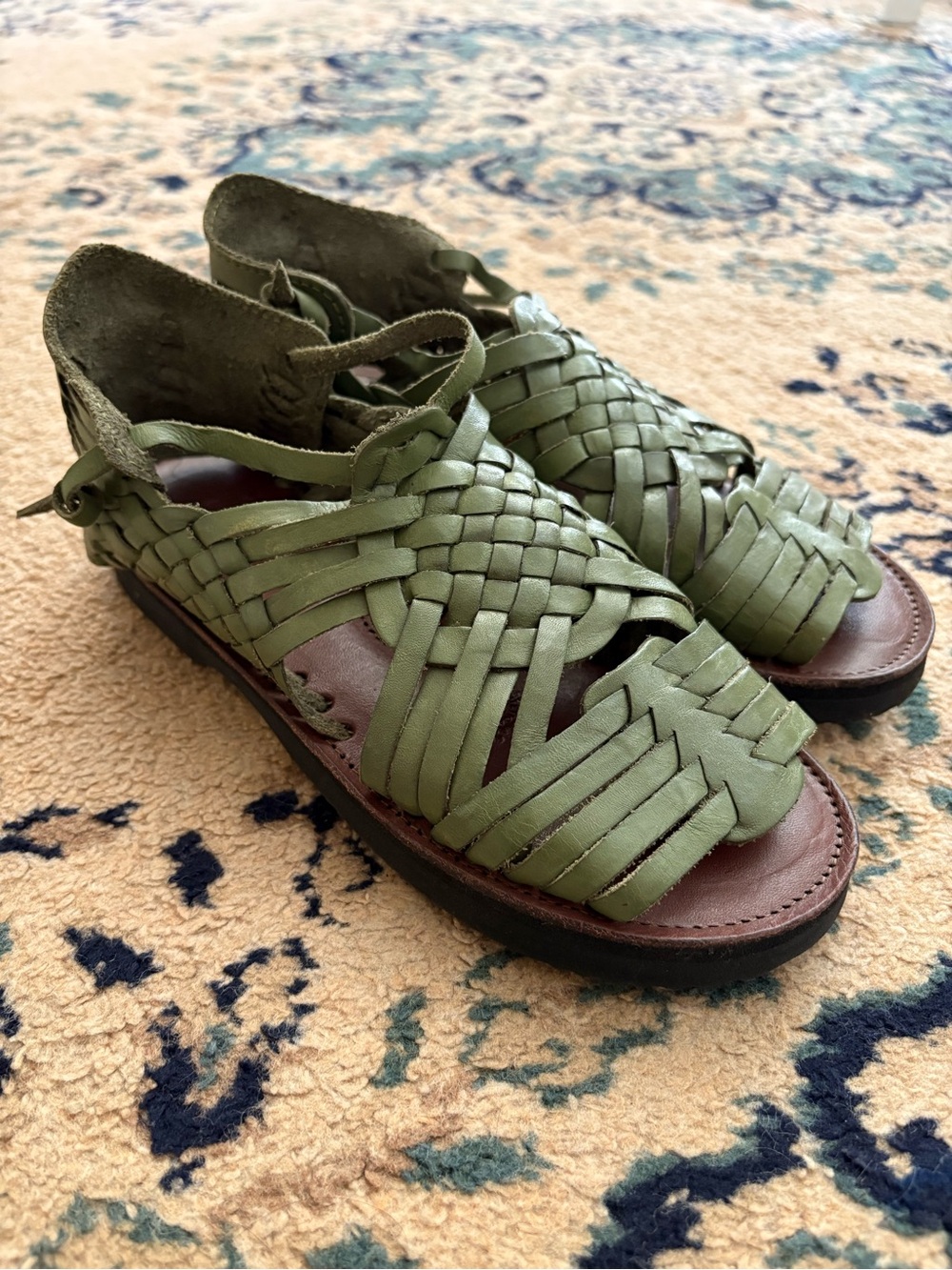 Woven Leather Espadrille Sandals in Olive Green